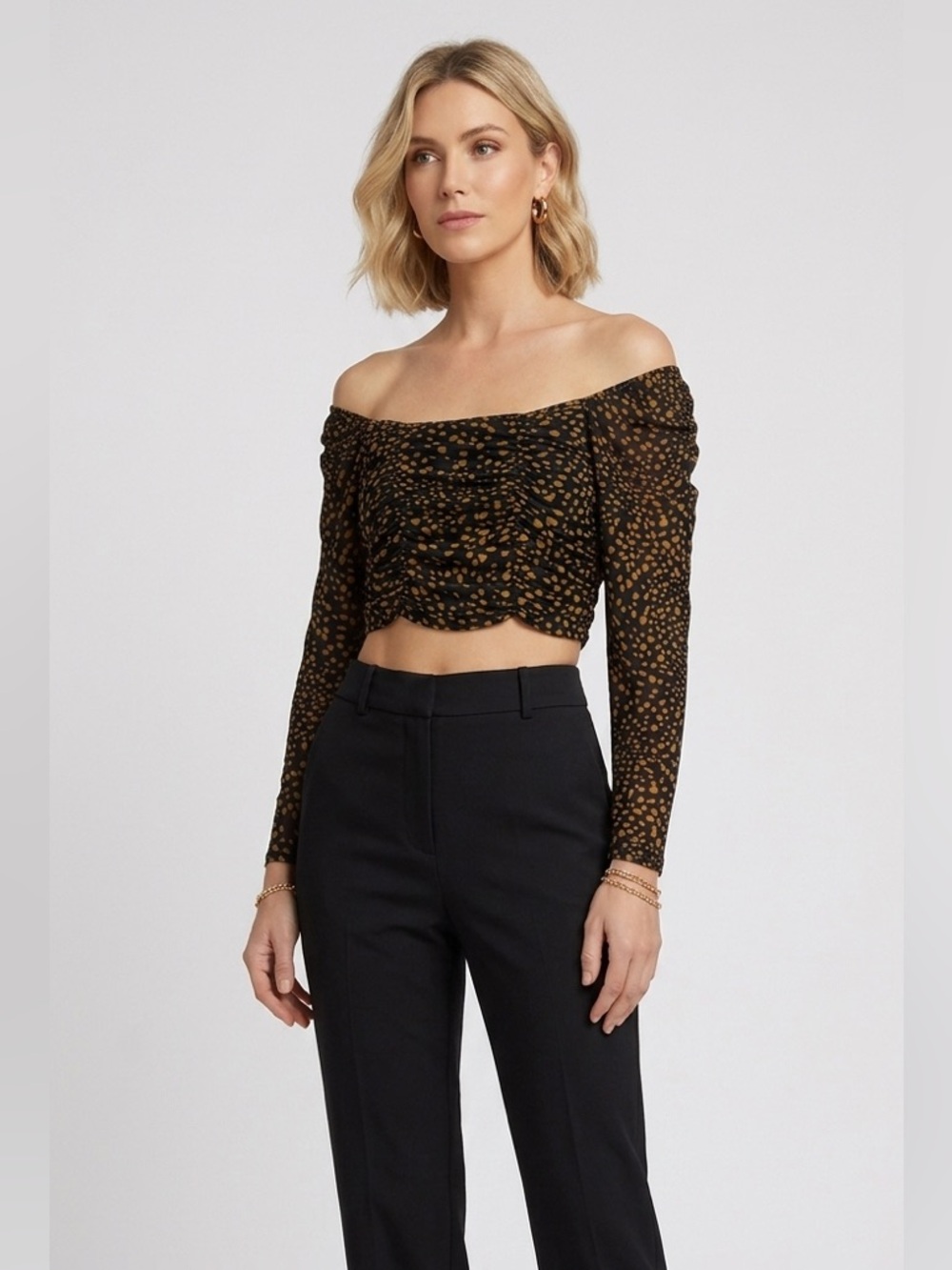 Top Shop Black & Mustard Ruched Long Sleeve Crop Top
